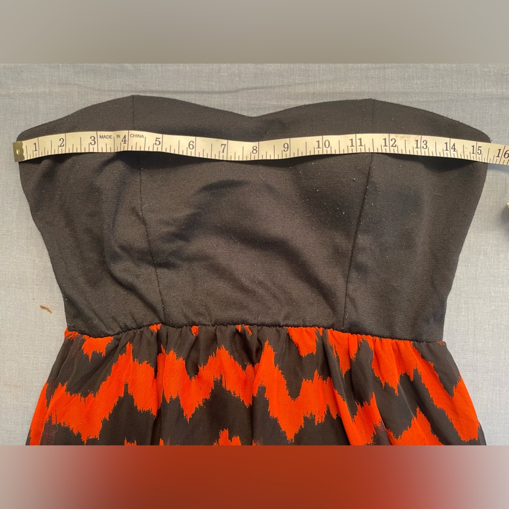 Black and Orange Chevron high low strapless Dress small - Picture 5 of 6